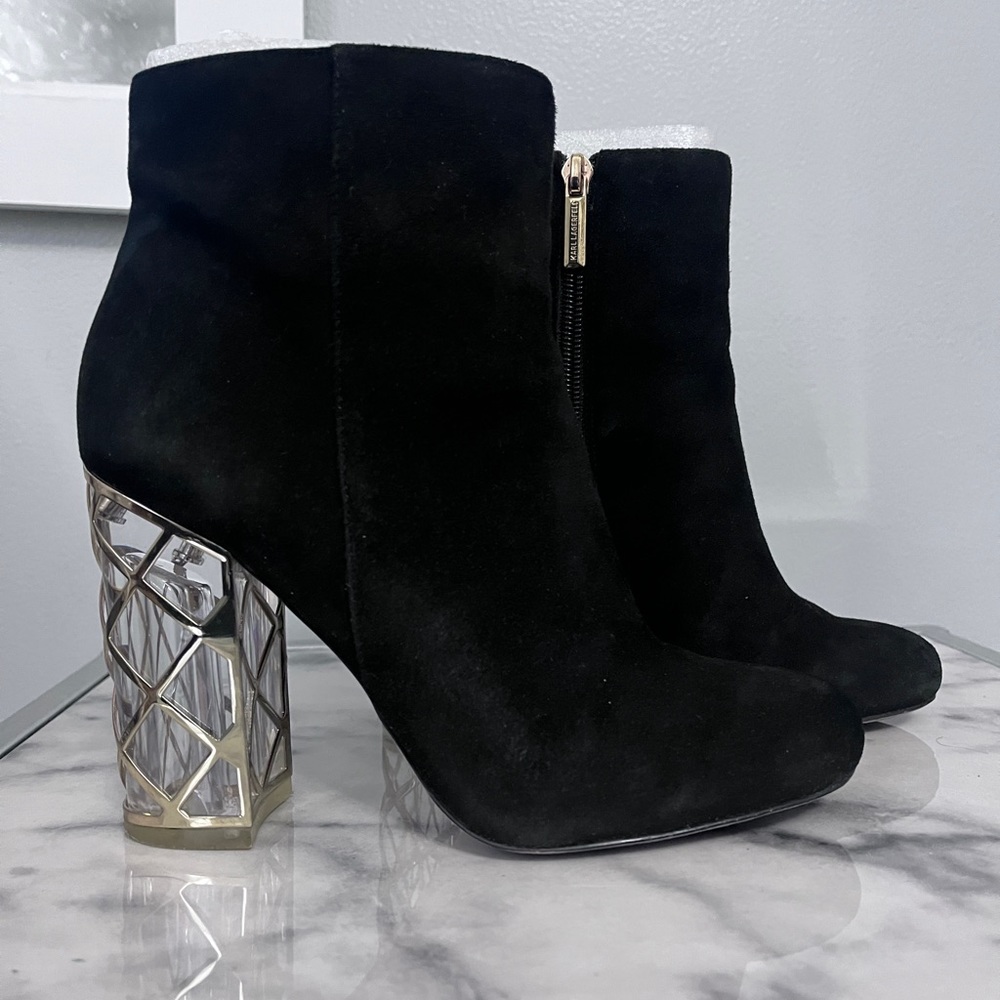Karl Lagerfeld Shawna Black Suede Bootie With Clear Lucite Heel and Gold Design